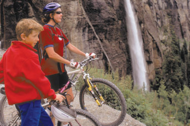 Mother and son biking
