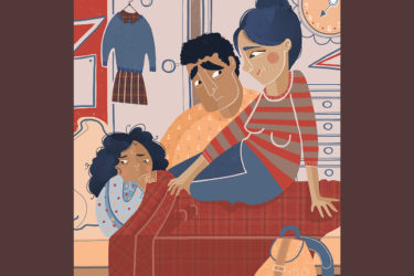 Illustration of parents talking to child who doesn't want to go to school