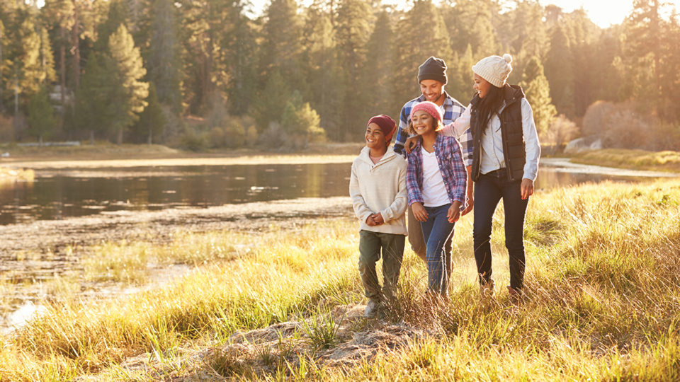 Family hiking in mountains