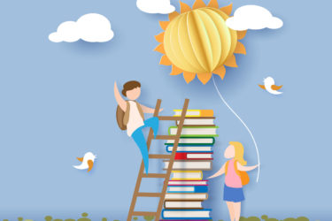 Illustration of books and children