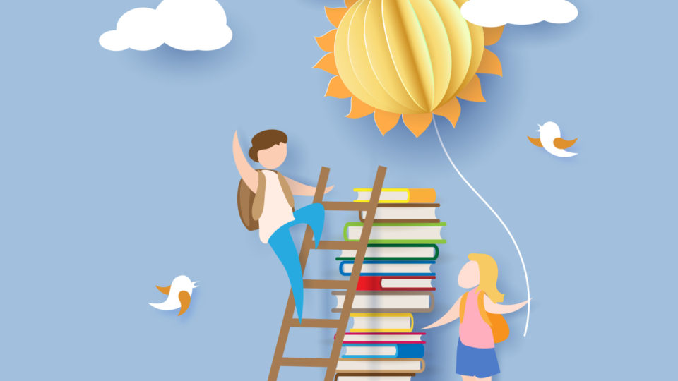 Illustration of books and children