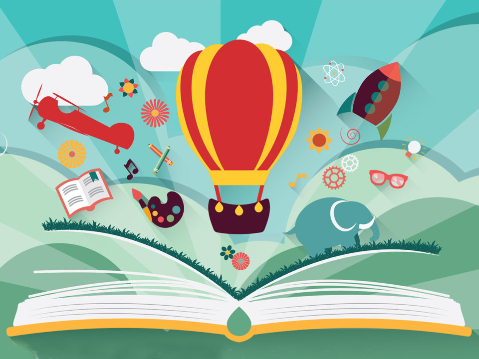 Illustration of open book with hot air balloon