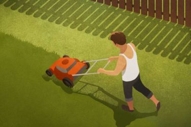 child mowing a yard