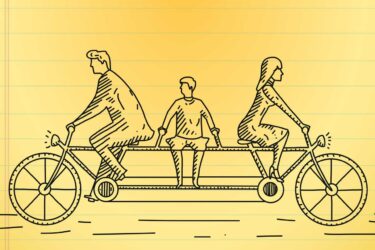 dooble of parents and child on bike