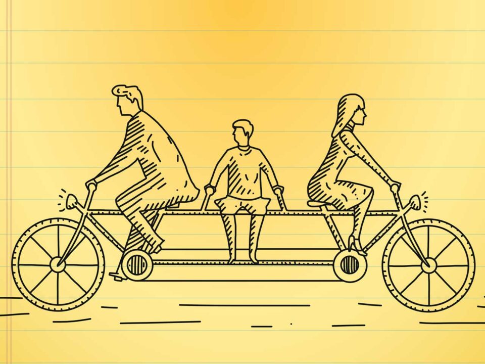 dooble of parents and child on bike