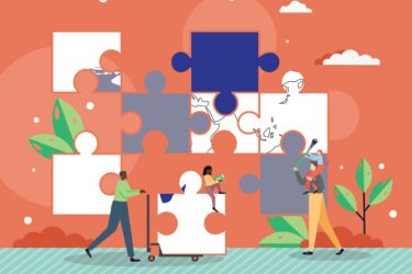 illustration of children and parents building a puzzle