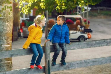 Children talking while sitting on a fence