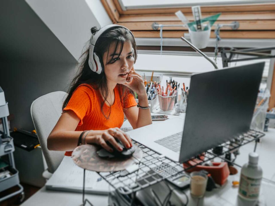 girl with podcast setup