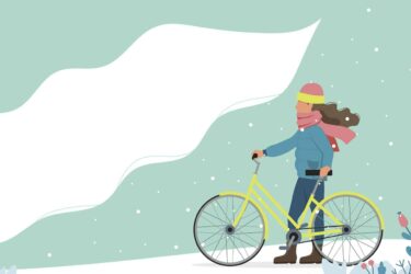 Illustration of child biking in winter