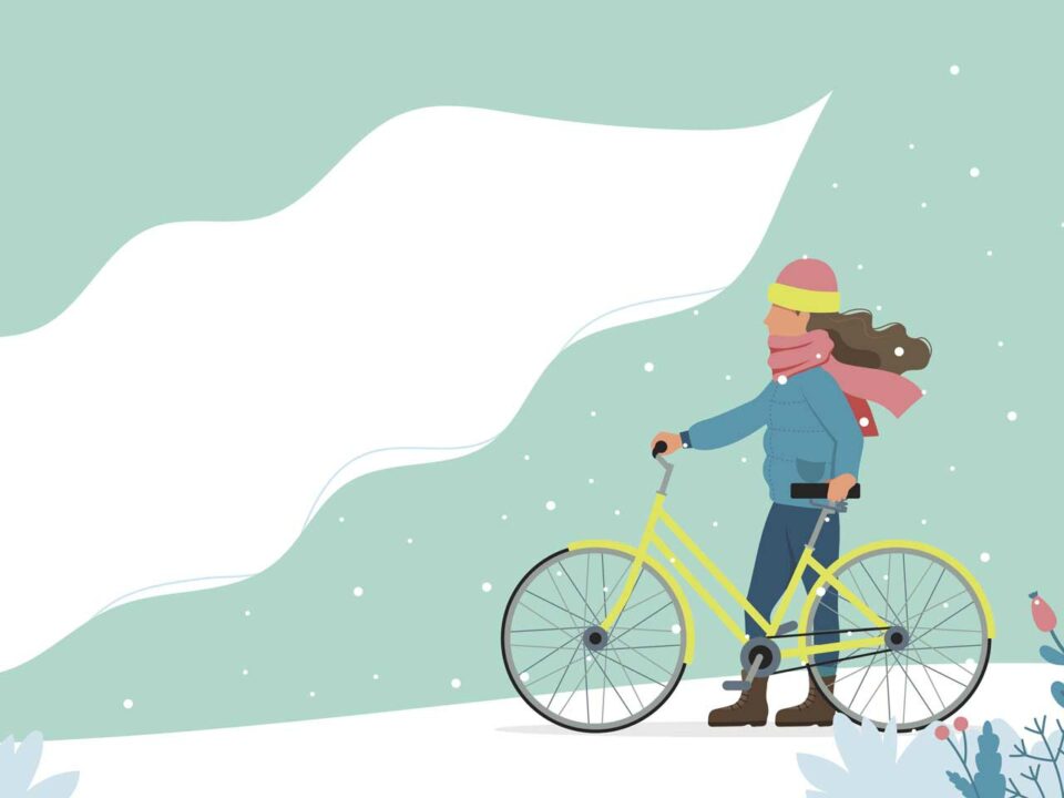 Illustration of child biking in winter