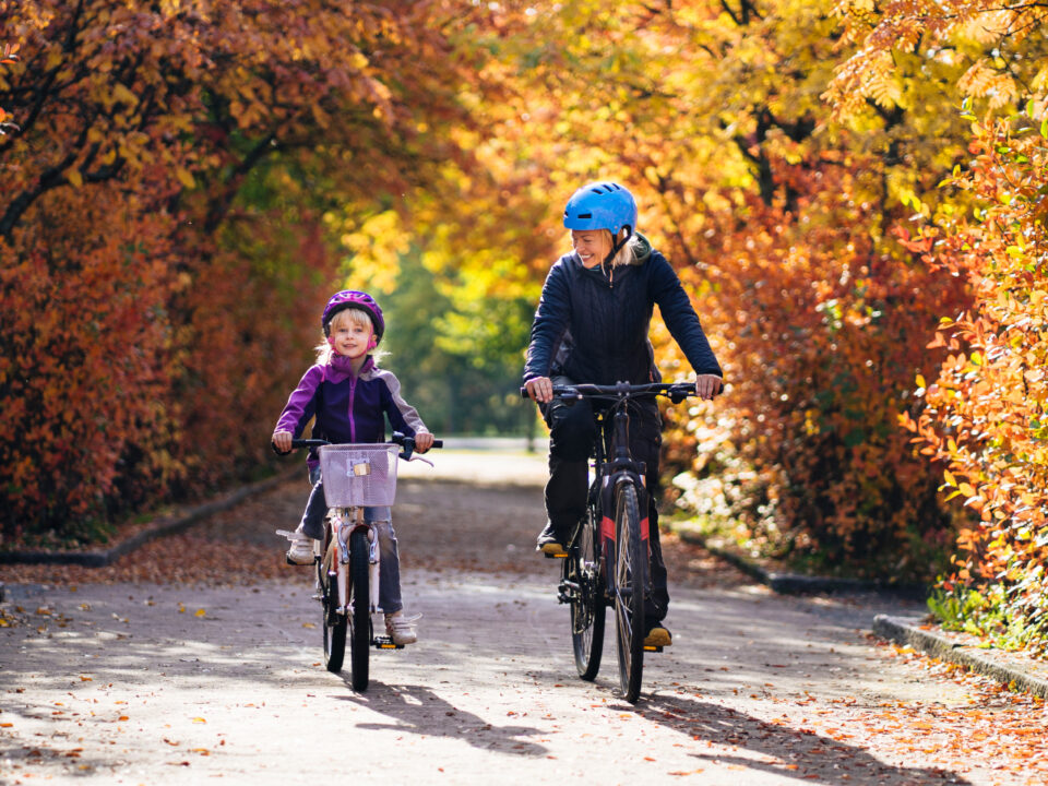 Parent and child rIding bikes in fall leaves